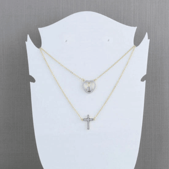 ESCAPULÁRIO COM IMAGEM DE NOSSA SENHORA E CRUCIFIXO CRAVEJADO - OURO