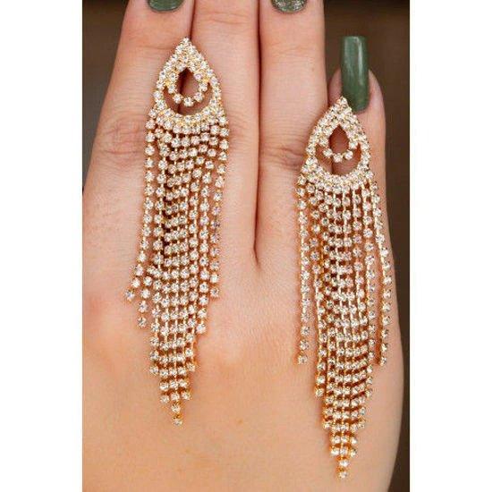 BRINCO MAXI DE 8.5 CM FRANJA DE STRASS - OURO - Donna Jóias Folheadas
