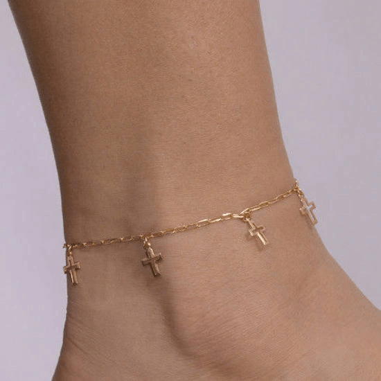 TORNOZELEIRA DE CRUCIFIXO FOLHEADO COM OURO